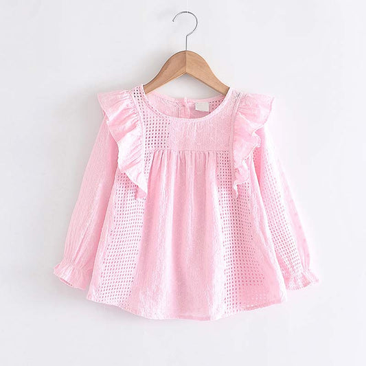 Blusa Infantil de Encaje con Cuello Redondo y Manga Larga