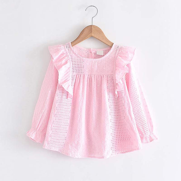 Blusa Infantil de Encaje con Cuello Redondo y Manga Larga