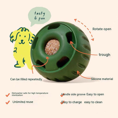 Green silicone dog treat dispensing toy ball next to a yellow silicone mold with three filled compartments. - Image 6