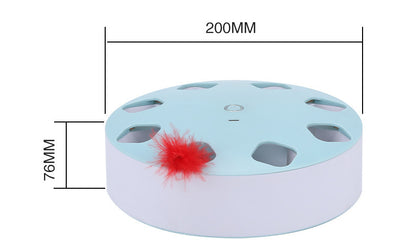 Light blue circular cat teaser toy with multiple cutouts and a red feather extending from one opening. - Image 8
