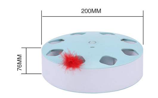 Light blue circular cat teaser toy with multiple cutouts and a red feather extending from one opening. - Image 8