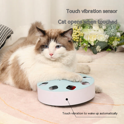 Light blue circular cat teaser toy with multiple cutouts and a red feather extending from one opening. - Image 12