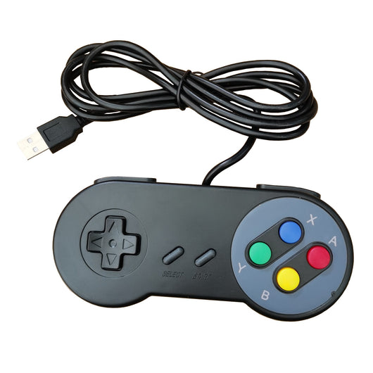 Black USB game controller with a classic SNES-style design, featuring a D-pad and colorful action buttons. - Image 17