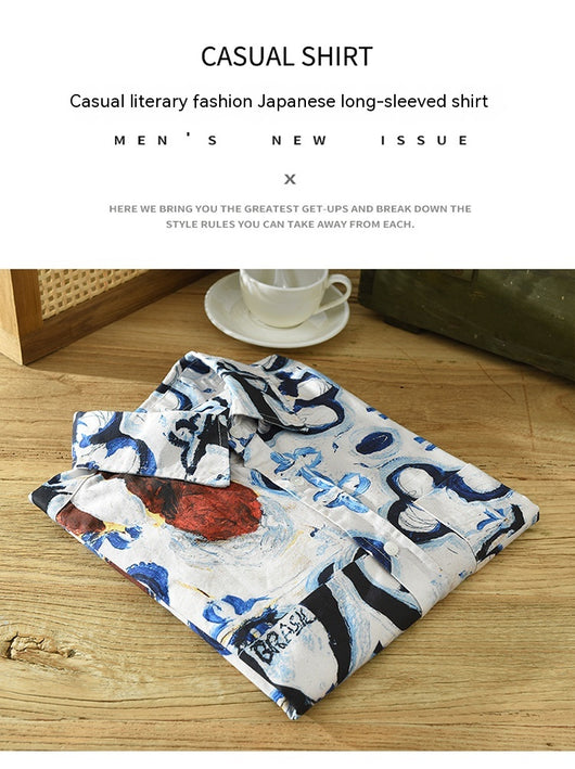 Camisa Estampada de Algodón con Diseño Artístico - Manga Larga Holgada y Casual para Hombre - Image 7