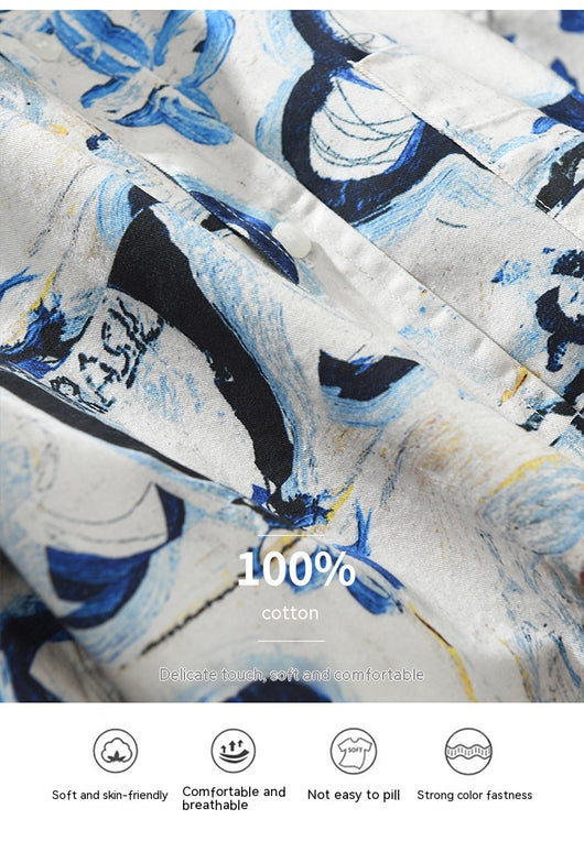 Camisa Estampada de Algodón con Diseño Artístico - Manga Larga Holgada y Casual para Hombre - Image 9