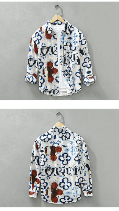 Camisa Estampada de Algodón con Diseño Artístico - Manga Larga Holgada y Casual para Hombre - Image 12