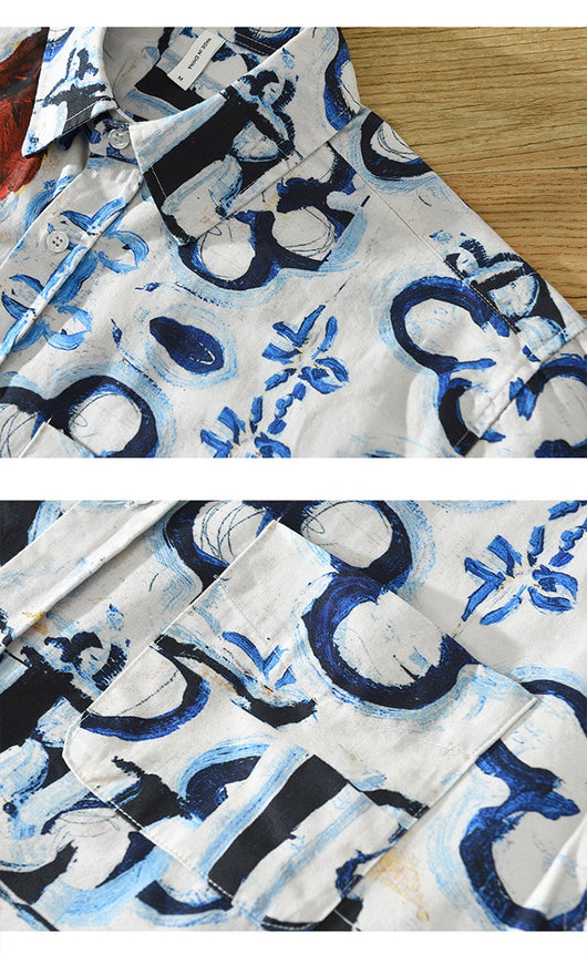 Camisa Estampada de Algodón con Diseño Artístico - Manga Larga Holgada y Casual para Hombre - Image 15