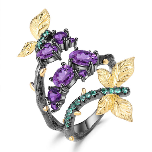Anillo de Plata S925 con Diseño de Mariposa y Amatista Natural - Image 9