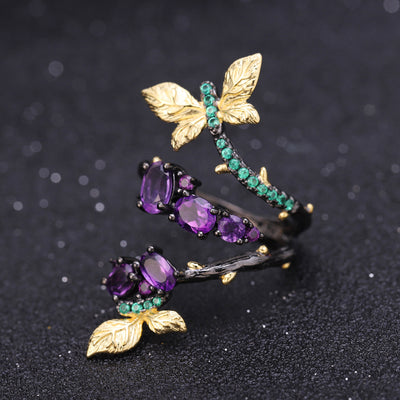 Anillo de Plata S925 con Diseño de Mariposa y Amatista Natural - Image 10