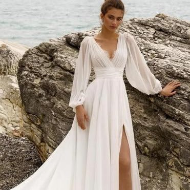 Vestido de Novia Elegante Talla Grande Cintura Alta Escote Profundo Manga Larga Espalda Descubierta - Image 9