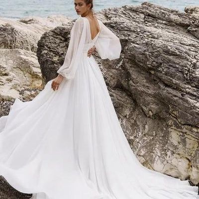 Vestido de Novia Elegante Talla Grande Cintura Alta Escote Profundo Manga Larga Espalda Descubierta - Image 12
