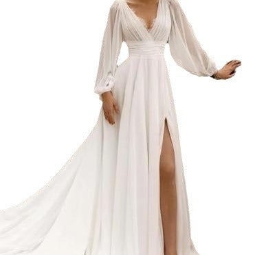 Vestido de Novia Elegante Talla Grande Cintura Alta Escote Profundo Manga Larga Espalda Descubierta - Image 13