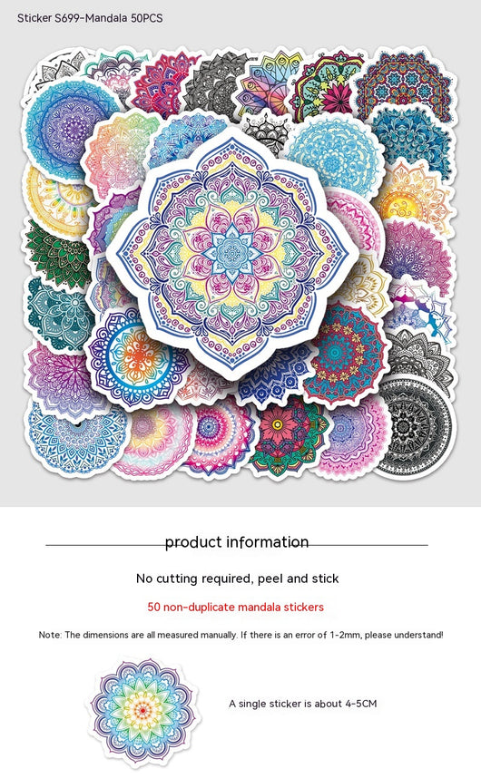 Set of 50 colorful mandala and retro graffiti stickers with intricate patterns for phone cases and luggage. - Image 6