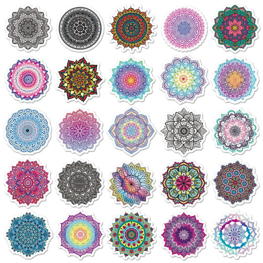 Set of 50 colorful mandala and retro graffiti stickers with intricate patterns for phone cases and luggage. - Image 7