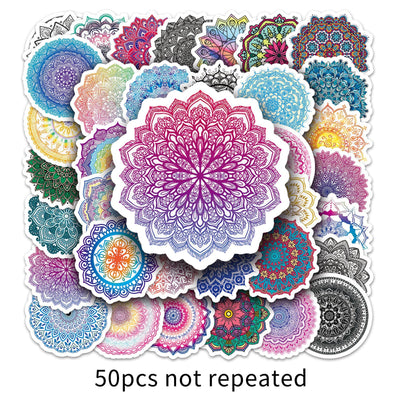 Set of 50 colorful mandala and retro graffiti stickers with intricate patterns for phone cases and luggage. - Image 8