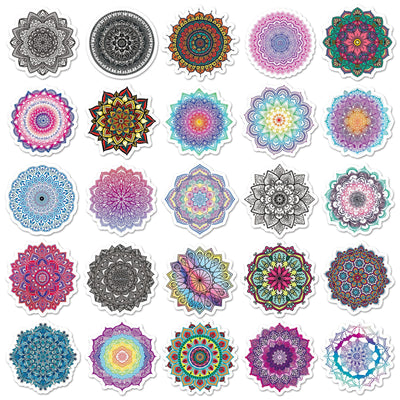 Set of 50 colorful mandala and retro graffiti stickers with intricate patterns for phone cases and luggage. - Image 10
