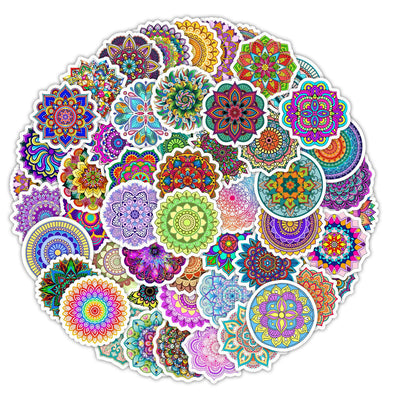 Set of 50 colorful mandala and retro graffiti stickers with intricate patterns for phone cases and luggage. - Image 16