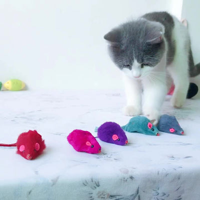 Six colorful plush mouse cat toys in orange, yellow, gray, white, green, and blue, with pink ears and noses. - Image 10