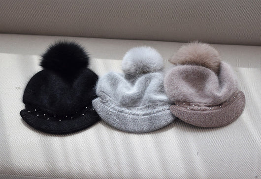 Gorro de Invierno con Pompón de Piel de Zorro y Perlas - Gorro de Punto Elegante para Mujer - Image 6