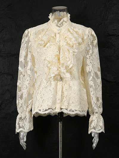 Blusa Retro con Encaje Floral 3D y Mangas Largas - Image 3