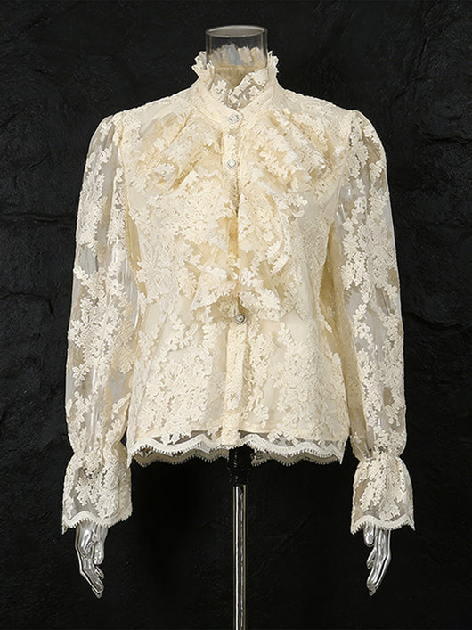 Blusa Retro con Encaje Floral 3D y Mangas Largas - Image 3