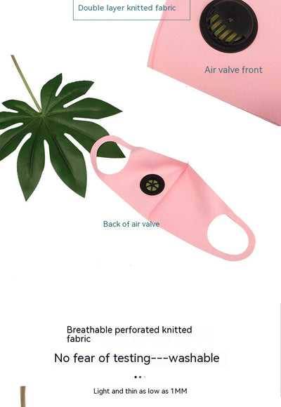 Pink knitted face mask with a black breather valve, designed for dust protection and comfortable wear. - Image 18