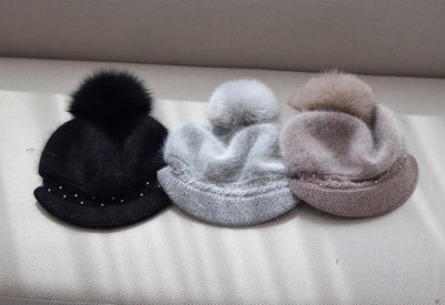 Gorro de Invierno con Pompón de Piel de Zorro y Perlas - Gorro de Punto Elegante para Mujer - Image 16