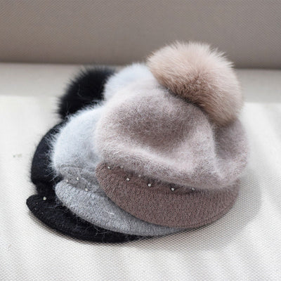 Gorro de Invierno con Pompón de Piel de Zorro y Perlas - Gorro de Punto Elegante para Mujer - Image 17