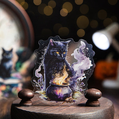 Set of die-cut PET stickers featuring various black cats with purple and blue watercolor effects, some with moons, stars, or wizard hats. - Image 9