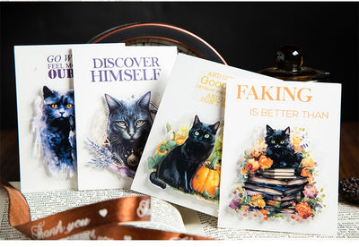 Set of die-cut PET stickers featuring various black cats with purple and blue watercolor effects, some with moons, stars, or wizard hats. - Image 11