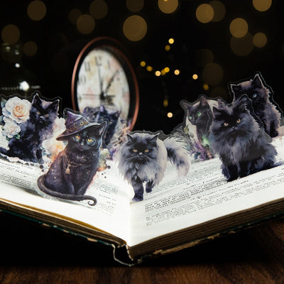 Set of die-cut PET stickers featuring various black cats with purple and blue watercolor effects, some with moons, stars, or wizard hats. - Image 13