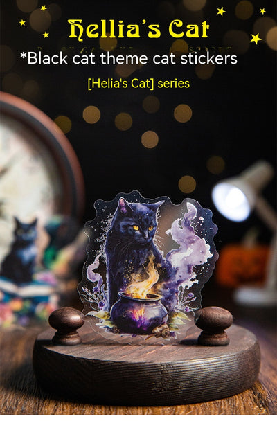 Set of die-cut PET stickers featuring various black cats with purple and blue watercolor effects, some with moons, stars, or wizard hats. - Image 14