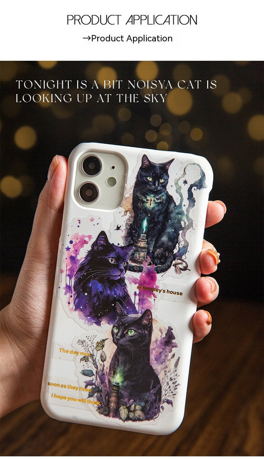 Set of die-cut PET stickers featuring various black cats with purple and blue watercolor effects, some with moons, stars, or wizard hats. - Image 15