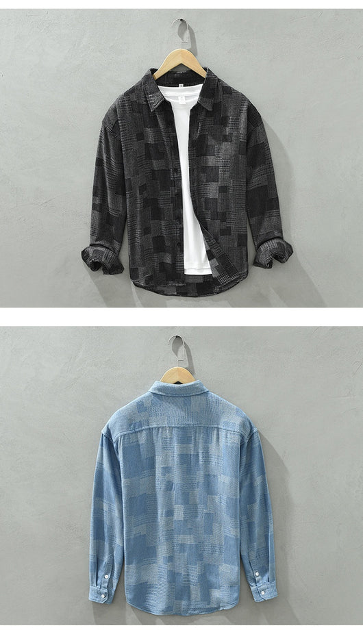 Camisa Denim Jacquard Suelta para Hombre - Manga Larga Casual - Image 14