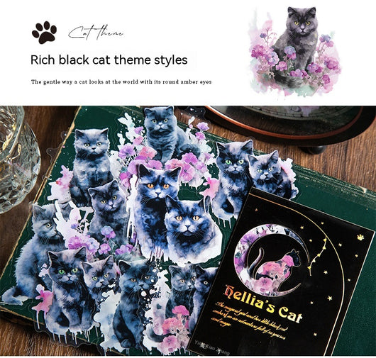 Set of die-cut PET stickers featuring various black cats with purple and blue watercolor effects, some with moons, stars, or wizard hats. - Image 19