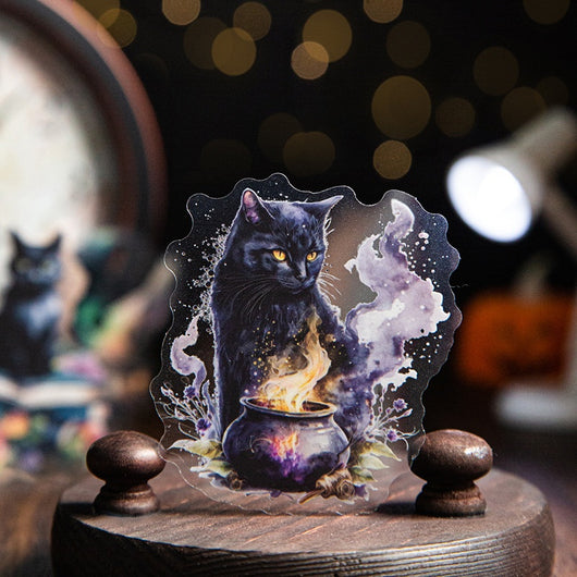 Set of die-cut PET stickers featuring various black cats with purple and blue watercolor effects, some with moons, stars, or wizard hats. - Image 21