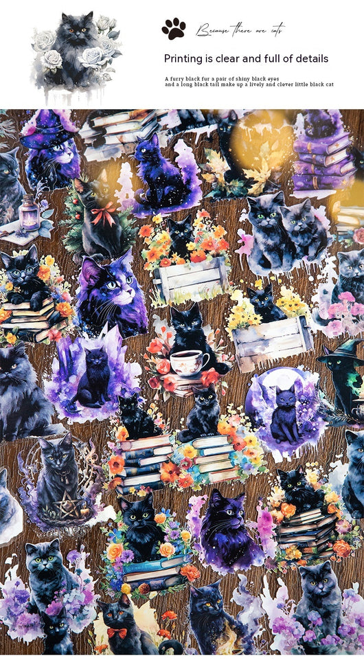 Set of die-cut PET stickers featuring various black cats with purple and blue watercolor effects, some with moons, stars, or wizard hats. - Image 22