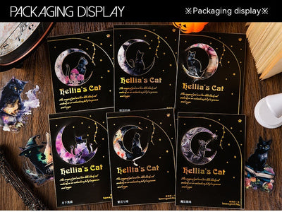 Set of die-cut PET stickers featuring various black cats with purple and blue watercolor effects, some with moons, stars, or wizard hats. - Image 25