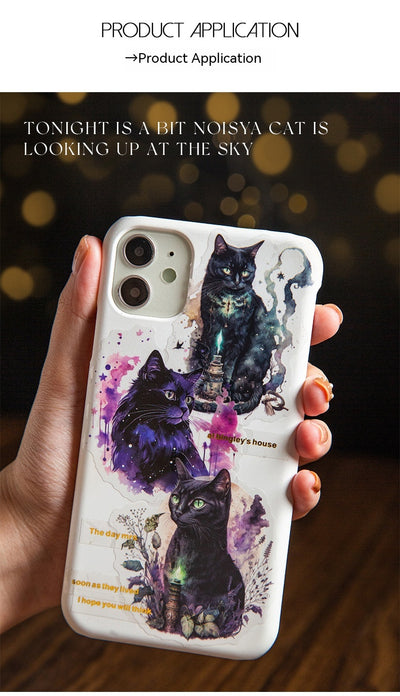 Set of die-cut PET stickers featuring various black cats with purple and blue watercolor effects, some with moons, stars, or wizard hats. - Image 28