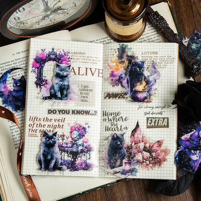 Set of die-cut PET stickers featuring various black cats with purple and blue watercolor effects, some with moons, stars, or wizard hats. - Image 29