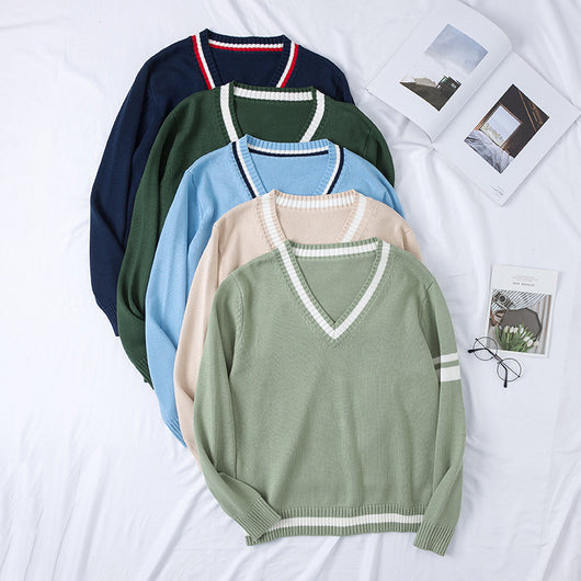 Suéter Tejido Cuello V con Combinación de Colores para Hombre y Mujer - Image 13