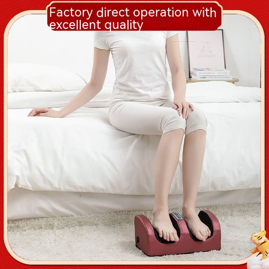 Person using a red and black electric foot massager with four control buttons for power, rotation, intensity, and heat. - Image 10