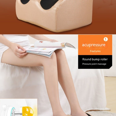 Person using a red and black electric foot massager with four control buttons for power, rotation, intensity, and heat. - Image 13