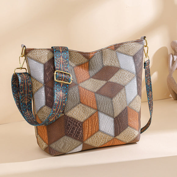 Bolso Tote Multicolor Casual de Gran Capacidad con Costuras Contrastantes