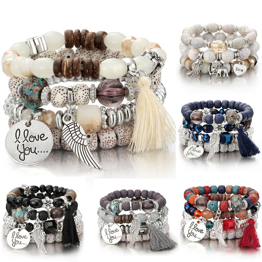 Pulsera Cristal Piedra Volcánica Multicapa con Borla Ala para Mujer - Image 12