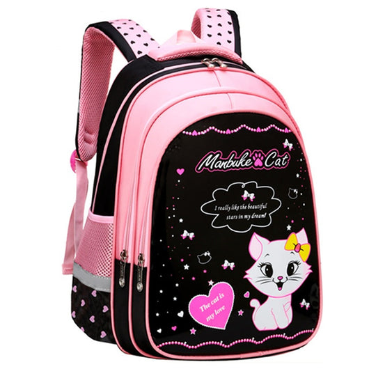 Kids black and pink backpack with a cute white cat print, paired with a matching lunch bag. - Image 3