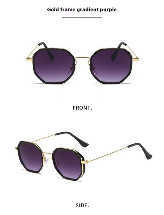 Men's personalized polygon sunglasses with black and gold frame and purple gradient UV resistant lenses. - Image 11