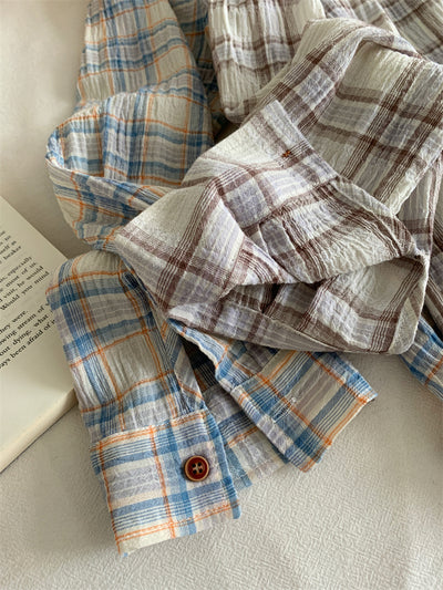Camisa Cuadriculada de Algodón Retro Lavado Artístico para Mujer - Image 16