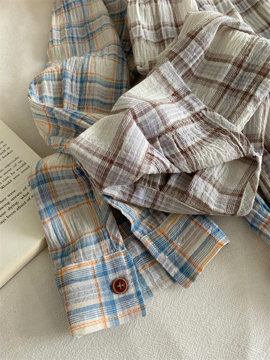 Camisa Cuadriculada de Algodón Retro Lavado Artístico para Mujer - Image 16