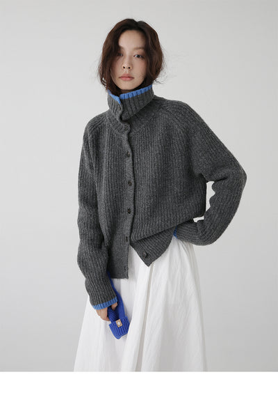 Cardigan de Lana Tejida con Cuello Bicolor - Abrigo de Botón Simple - Image 16